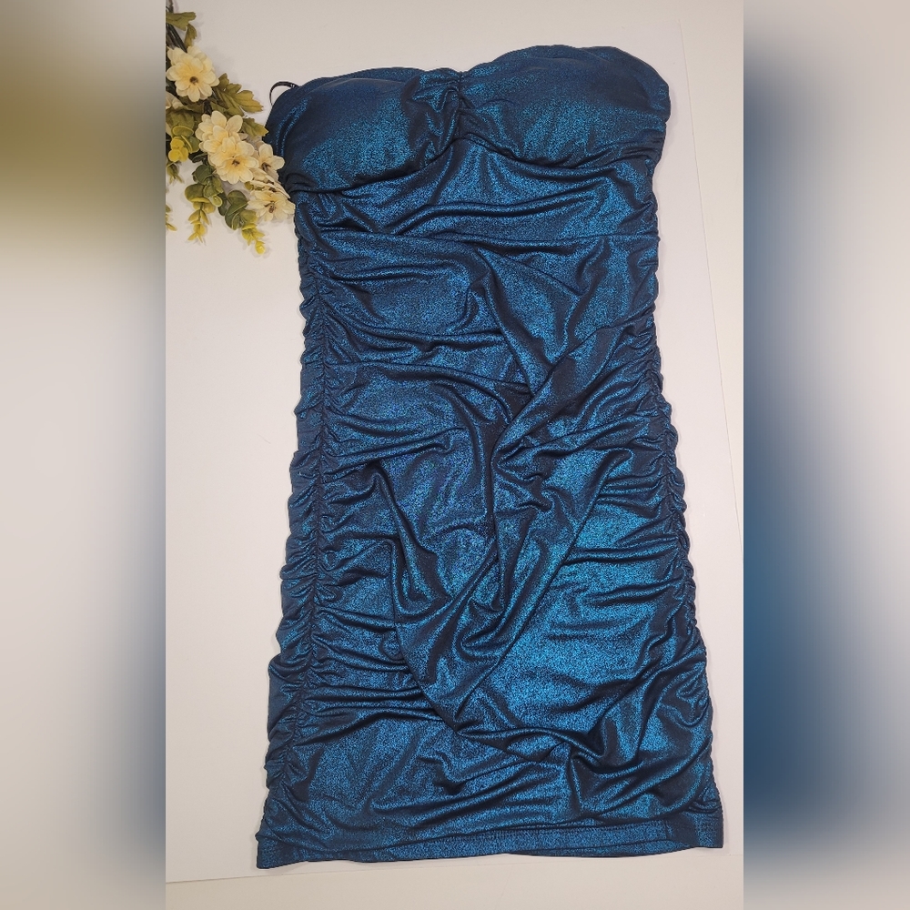 ❤️FOREVER 21 STRAPLESS ROUCHED SPARKLE TURQUOISE BLUE DRESS.SIZE :M
